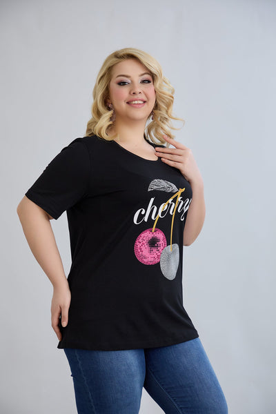 Tricou marime mare din bumbac Cherry - negru