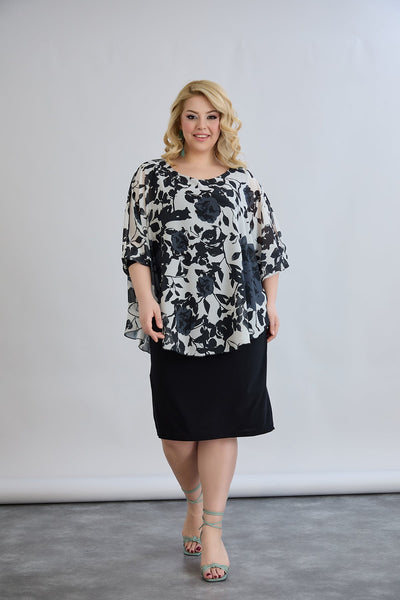 Rochie marime mare din sifon cu accent pe umeri - flori