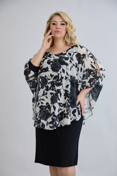 Rochie marime mare din sifon cu accent pe umeri - flori