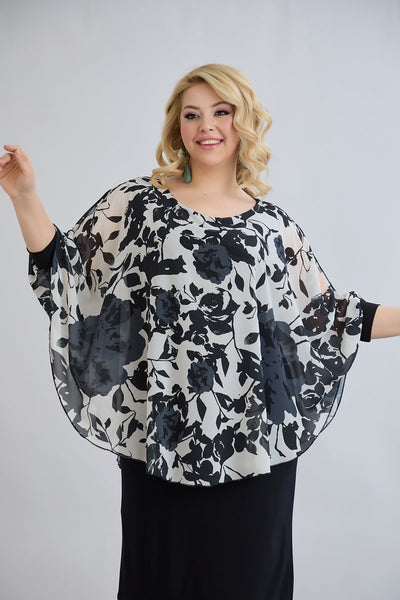 Rochie marime mare din sifon cu accent pe umeri - flori