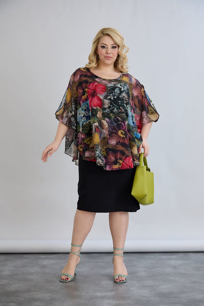 Rochie marime mare din sifon cu accent pe umeri - visiniu