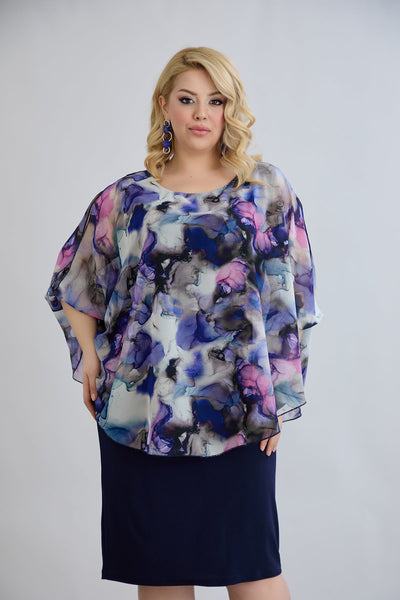 Rochie marime mare din sifon cu accent pe umeri - bleumarin