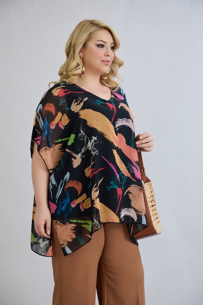 Bluza marime mare din sifon incantator cu captuseala din bumbac - negru