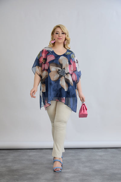 Bluza marime mare din sifon cu captuseala din bumbac - albastru