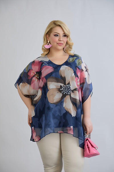 Bluza marime mare din sifon cu captuseala din bumbac - albastru