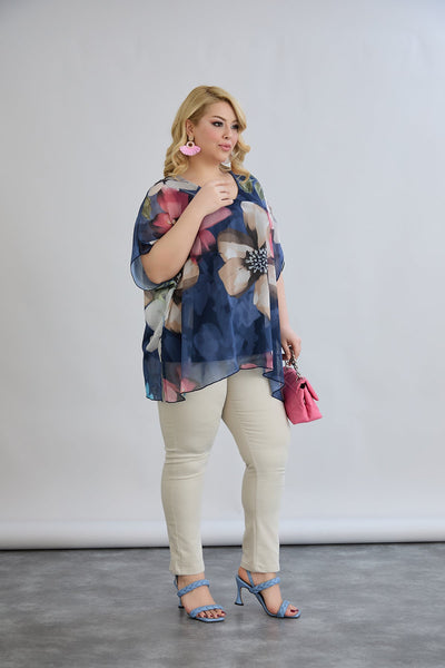 Bluza marime mare din sifon cu captuseala din bumbac - albastru