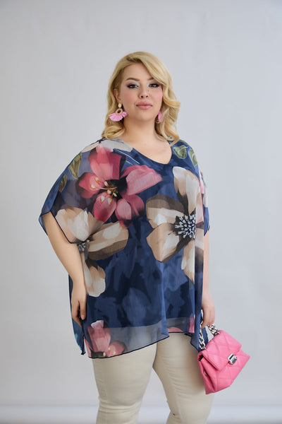 Bluza marime mare din sifon cu captuseala din bumbac - albastru