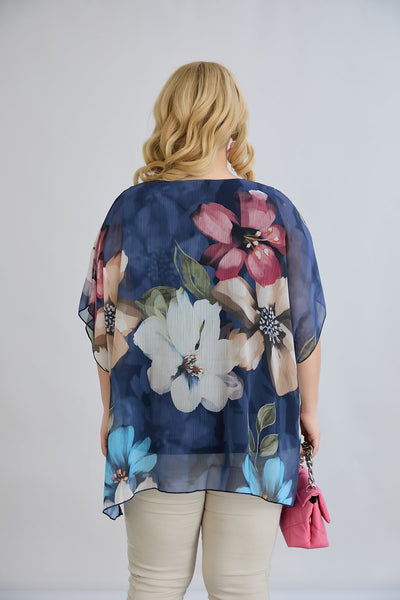 Bluza marime mare din sifon cu captuseala din bumbac - albastru