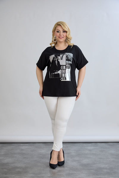 Tricou marime mare din bumbac cu pietricele si imprimeu - negru