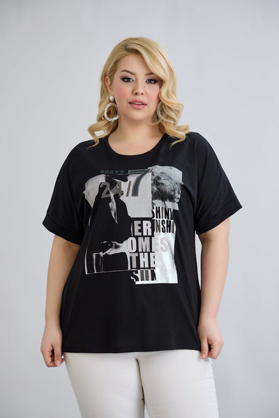 Tricou marime mare din bumbac cu pietricele si imprimeu - negru