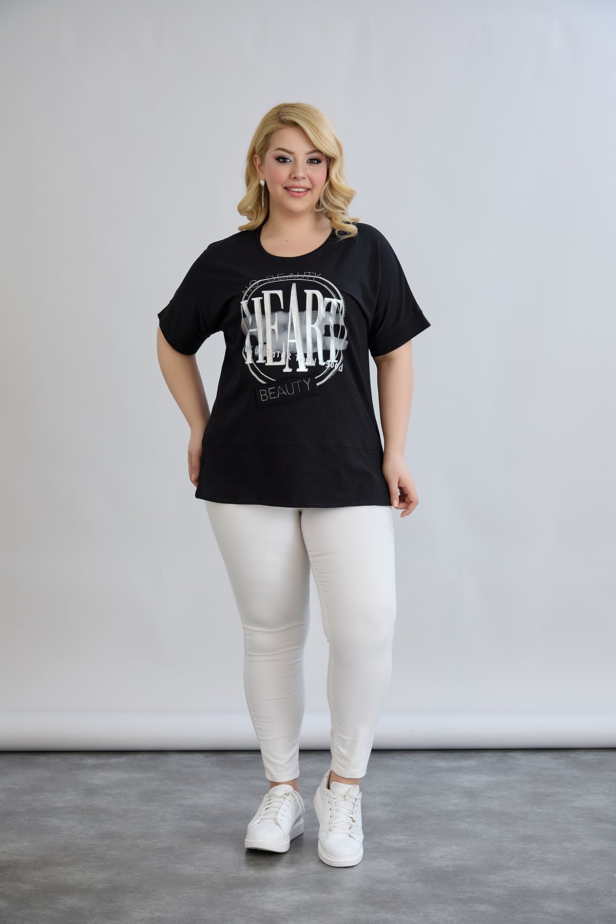Tricou marime mare din bumbac cu pietricele HEART - negru