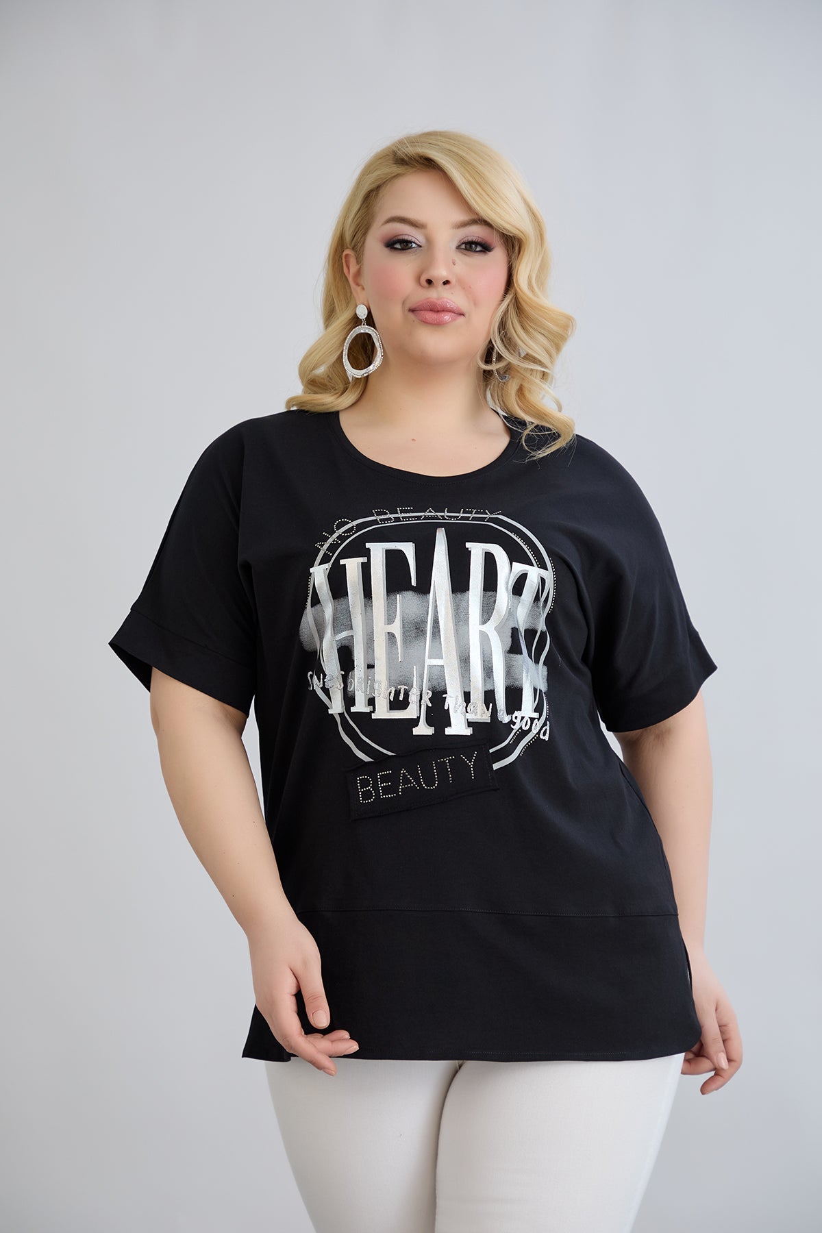Tricou marime mare din bumbac cu pietricele HEART - negru