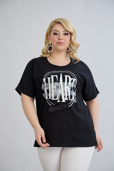 Tricou marime mare din bumbac cu pietricele HEART - negru