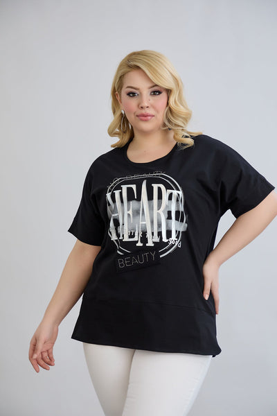 Tricou marime mare din bumbac cu pietricele HEART - negru