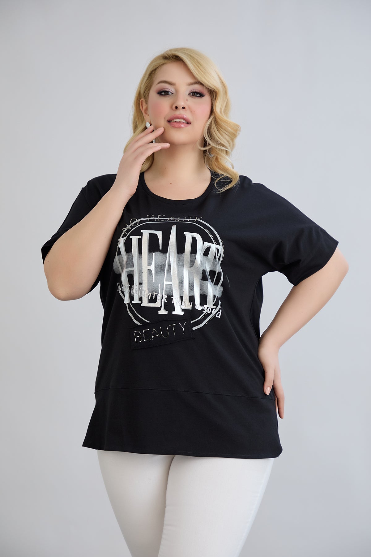Tricou marime mare din bumbac cu pietricele HEART - negru