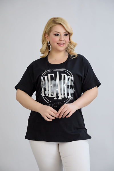 Tricou marime mare din bumbac cu pietricele HEART - negru