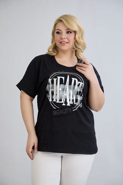 Tricou marime mare din bumbac cu pietricele HEART - negru
