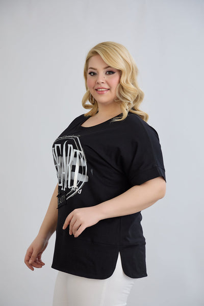 Tricou marime mare din bumbac cu pietricele HEART - negru