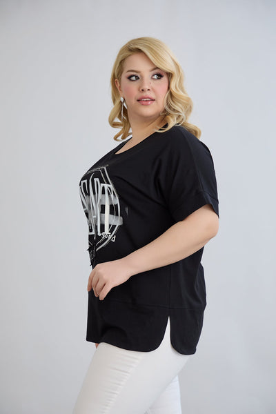 Tricou marime mare din bumbac cu pietricele HEART - negru