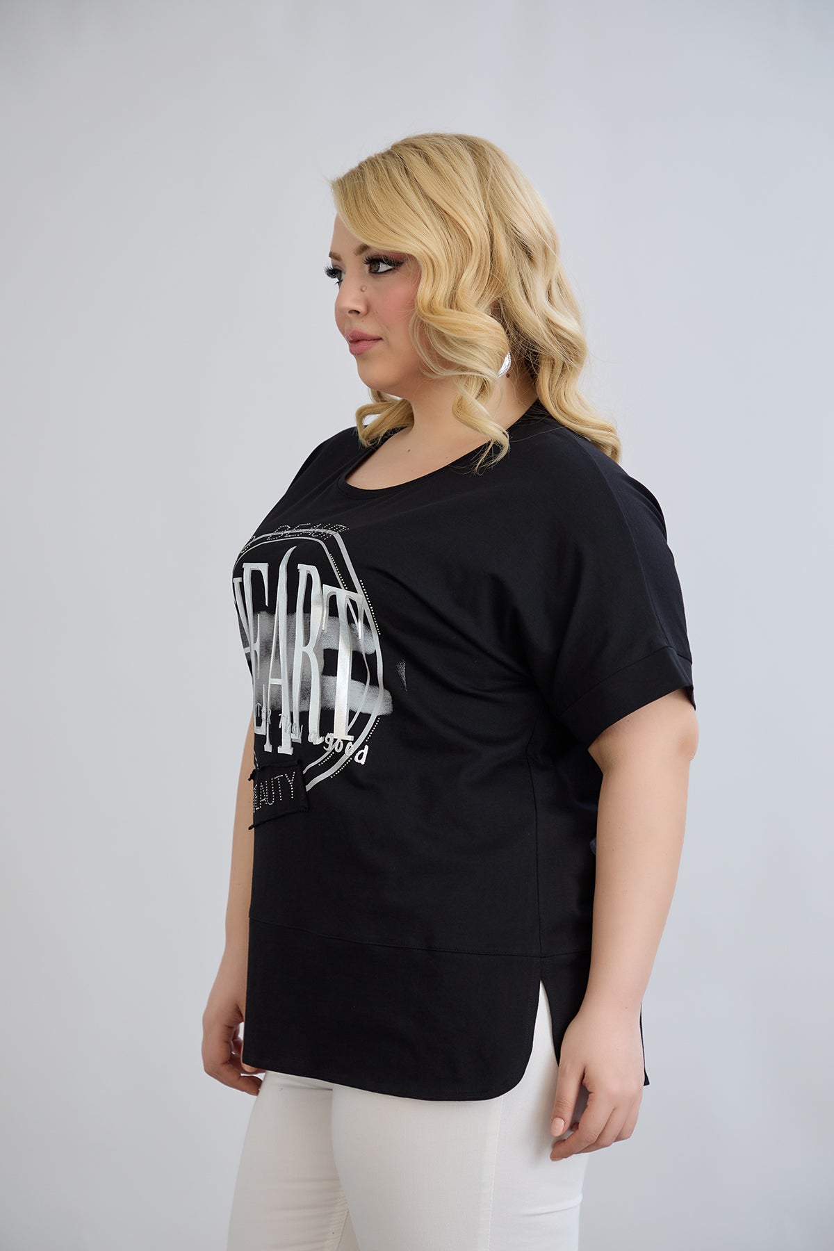 Tricou marime mare din bumbac cu pietricele HEART - negru