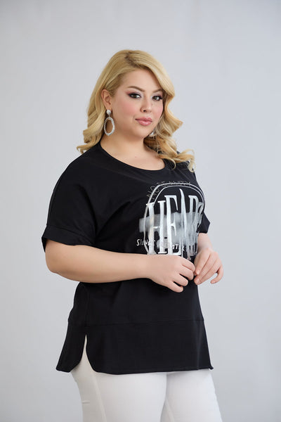 Tricou marime mare din bumbac cu pietricele HEART - negru