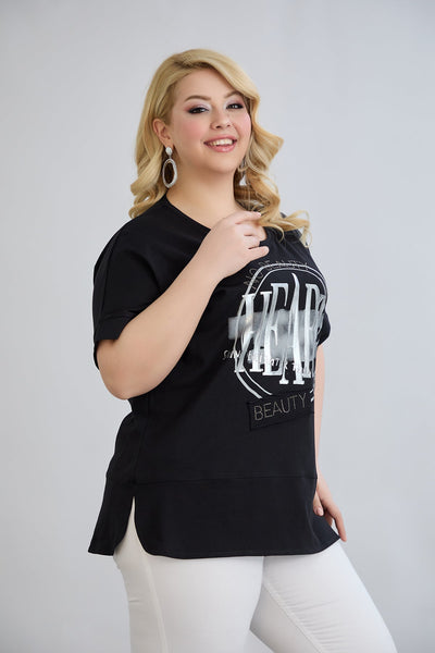 Tricou marime mare din bumbac cu pietricele HEART - negru