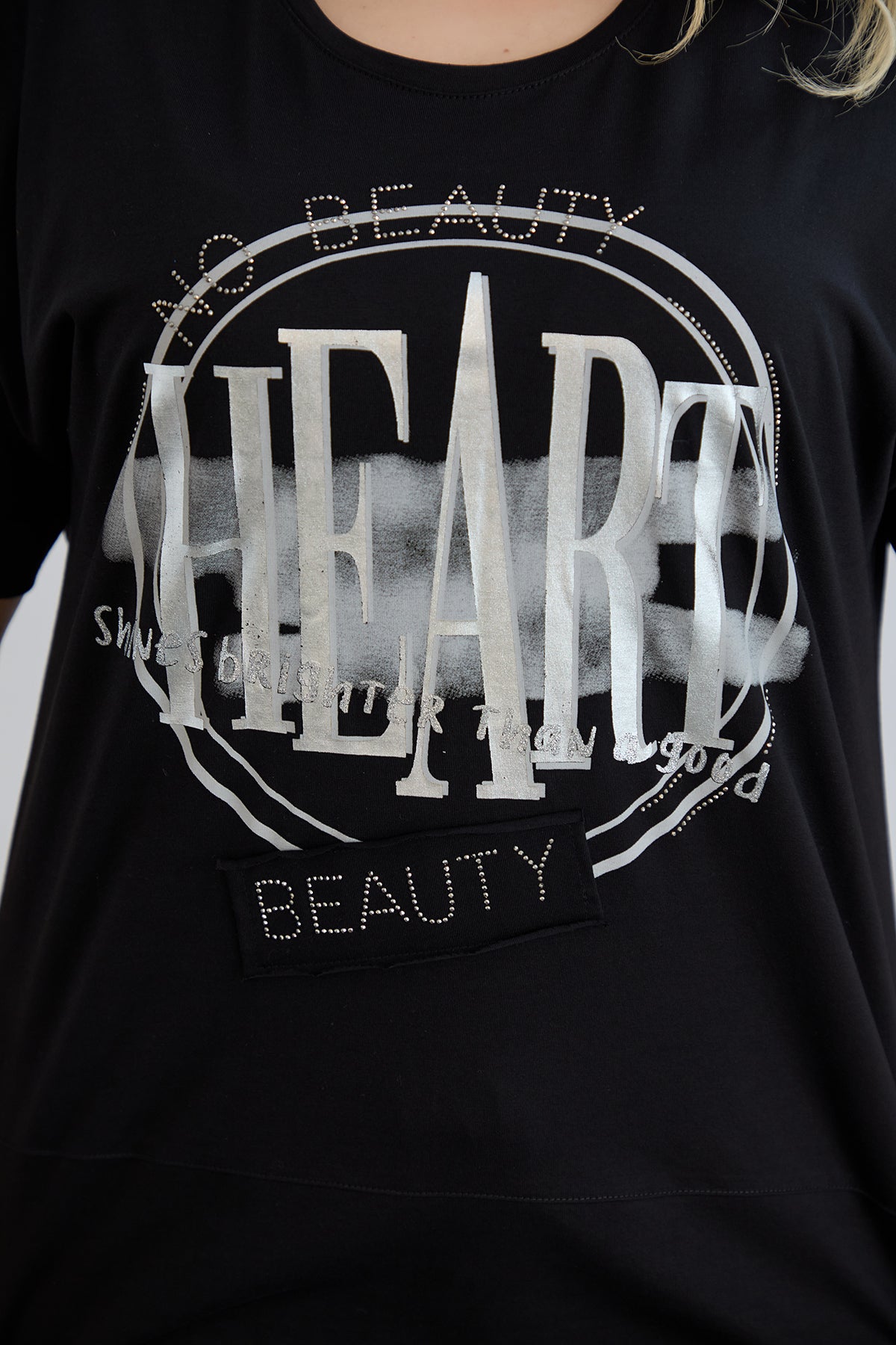 Tricou marime mare din bumbac cu pietricele HEART - negru