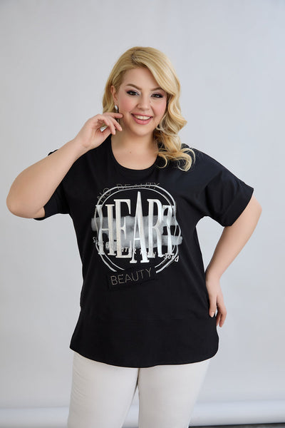 Tricou marime mare din bumbac cu pietricele HEART - negru