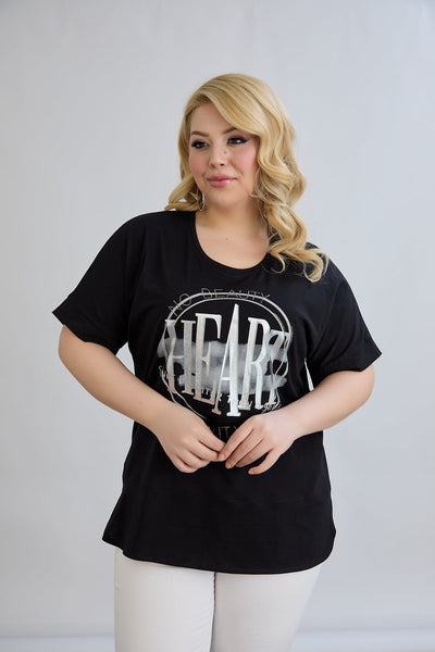 Tricou marime mare din bumbac cu pietricele HEART - negru