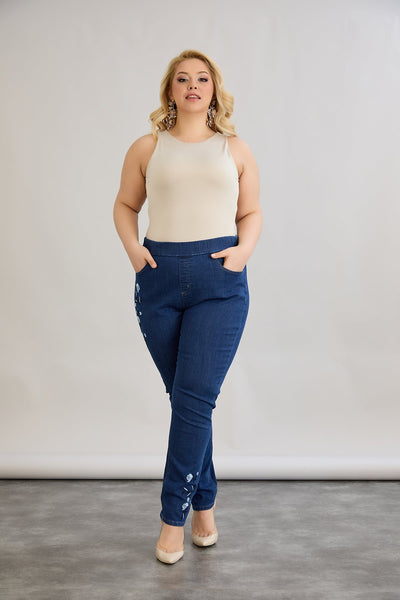 Blugi marime mare elastici de dama cu broderie - albastru