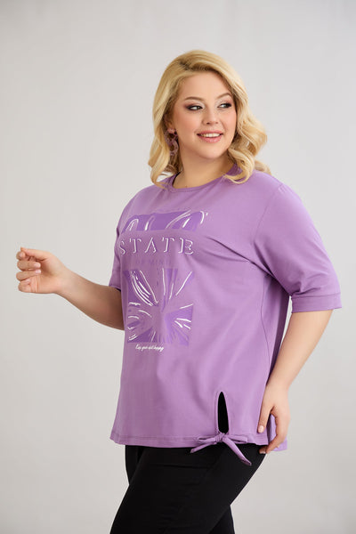 Tricou marime mare din bumbac cu maneca trei sferturi - mov
