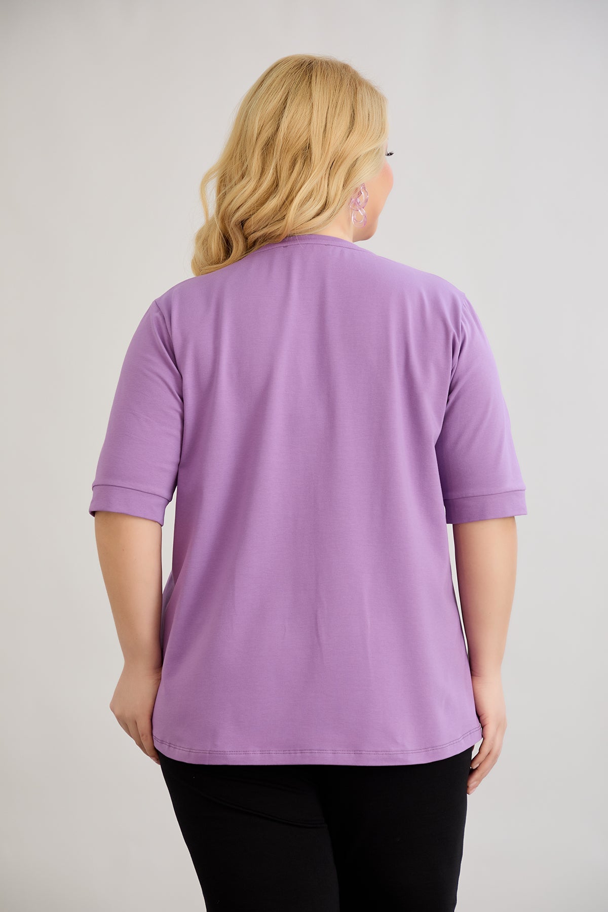Tricou marime mare din bumbac cu maneca trei sferturi - mov