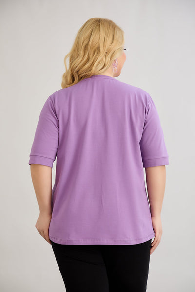 Tricou marime mare din bumbac cu maneca trei sferturi - mov