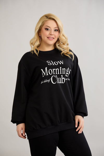 Bluza marime mare din bumbac cu inscriptie - Slow morning