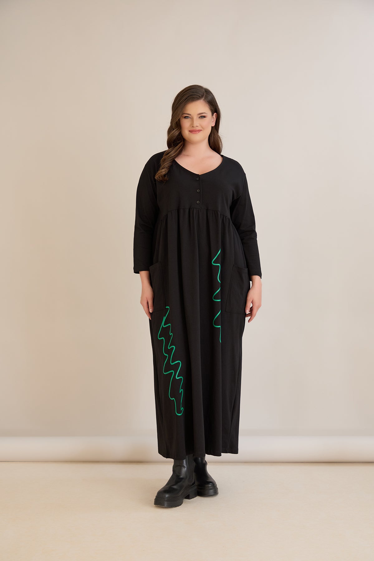Rochie marime mare din bumbac cu imprimeu contrastant