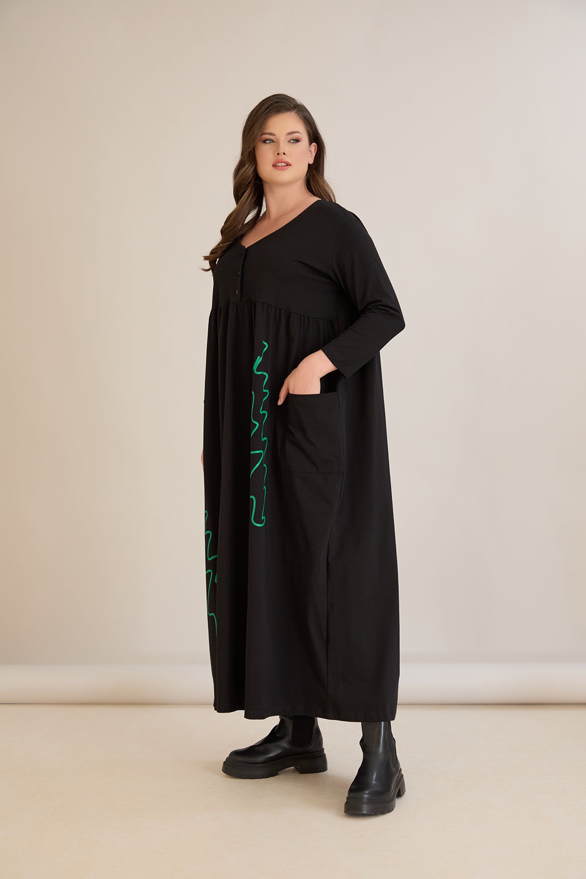 Rochie marime mare din bumbac cu imprimeu contrastant