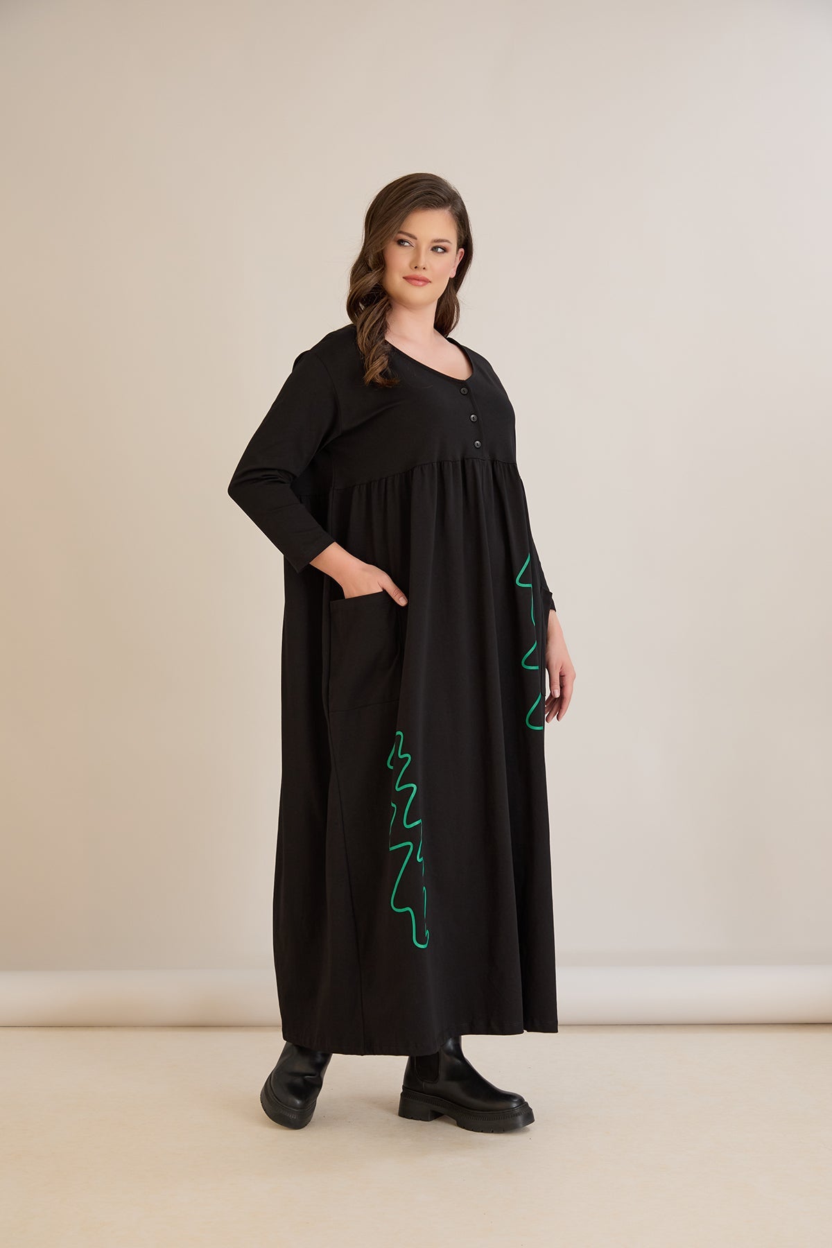 Rochie marime mare din bumbac cu imprimeu contrastant