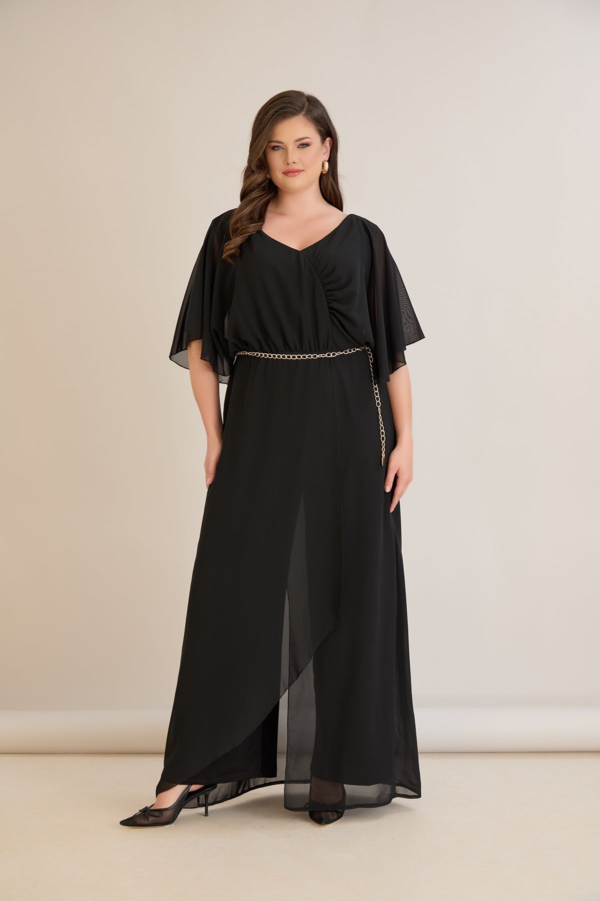 Salopeta marime mare eleganta din sifon cu lant – negru