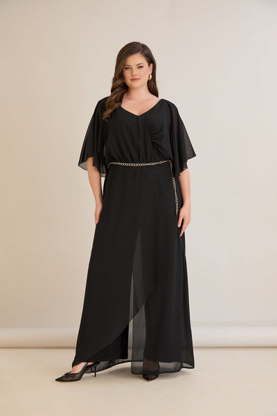 Salopeta marime mare eleganta din sifon cu lant – negru