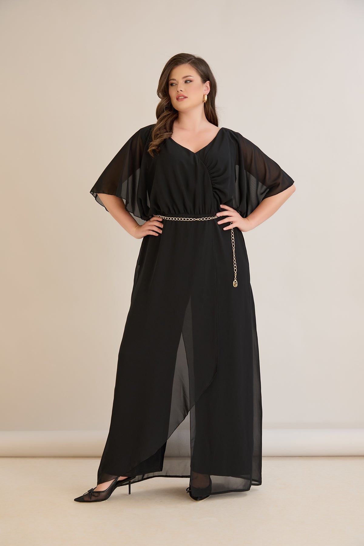 Salopeta marime mare eleganta din sifon cu lant – negru