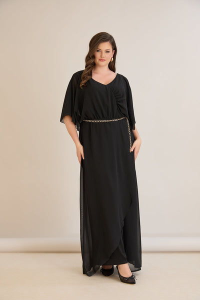 Salopeta marime mare eleganta din sifon cu lant – negru