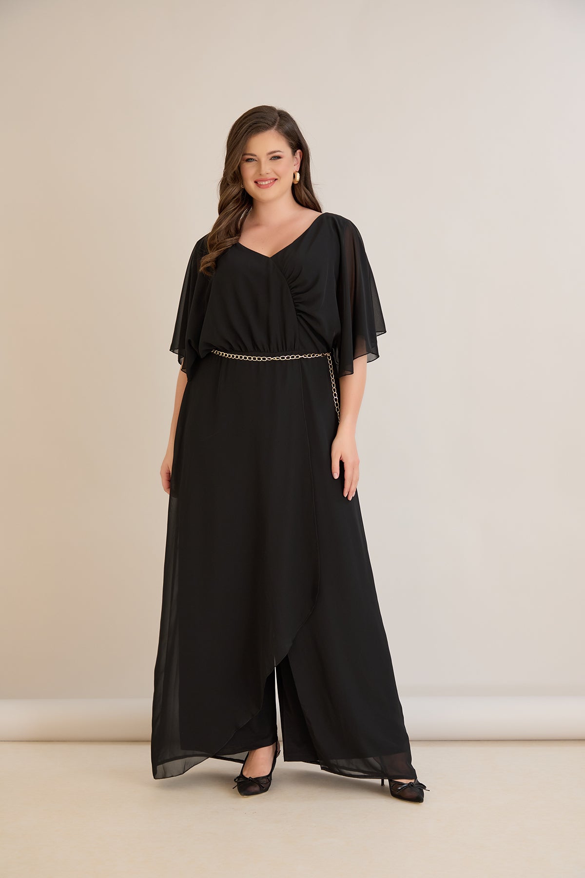 Salopeta marime mare eleganta din sifon cu lant – negru
