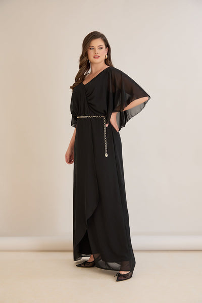 Salopeta marime mare eleganta din sifon cu lant – negru