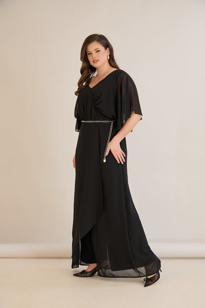 Salopeta marime mare eleganta din sifon cu lant – negru