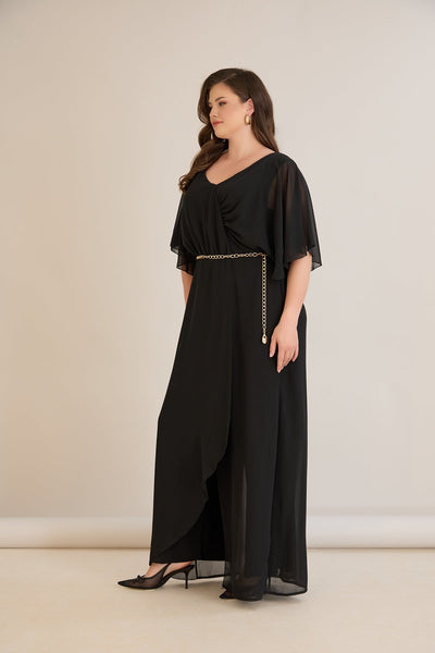 Salopeta marime mare eleganta din sifon cu lant – negru