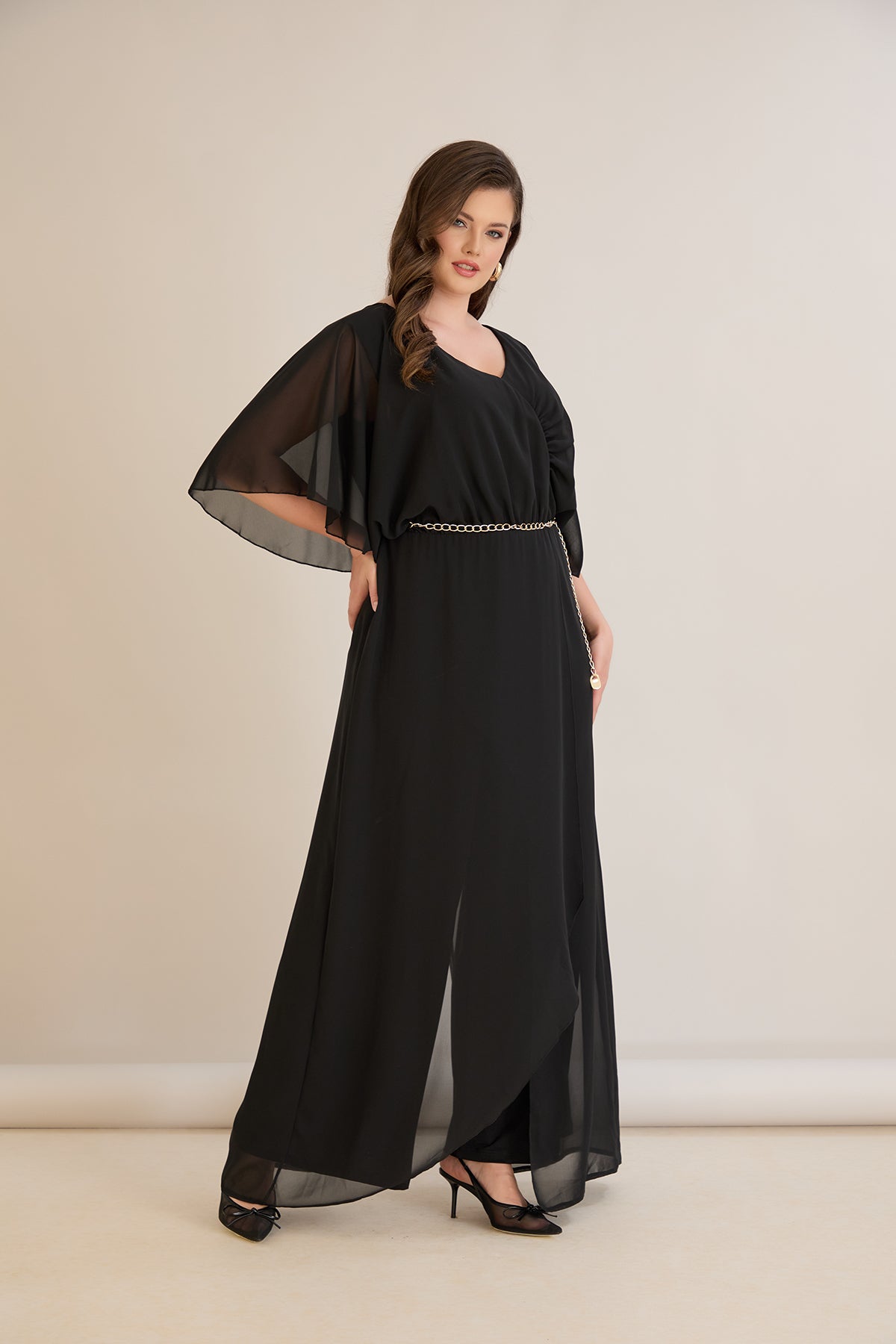Salopeta marime mare eleganta din sifon cu lant – negru