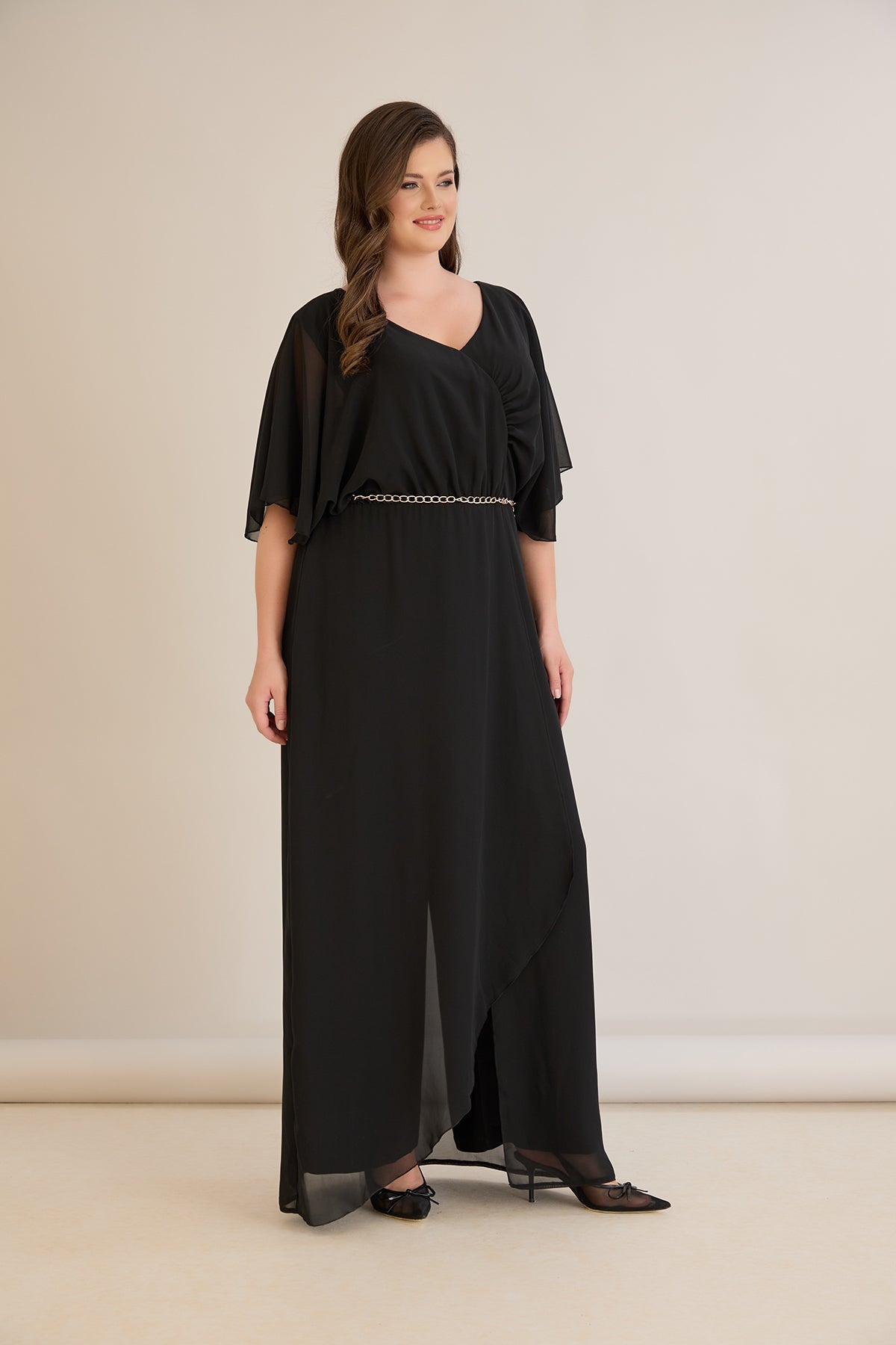 Salopeta marime mare eleganta din sifon cu lant – negru