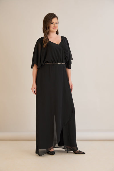 Salopeta marime mare eleganta din sifon cu lant – negru