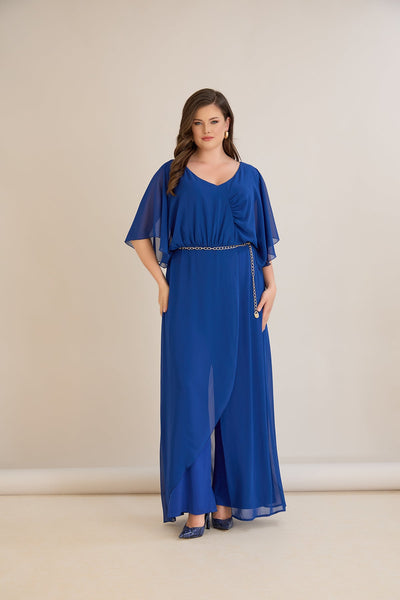 Salopeta marime mare eleganta din sifon cu lant – cobalt