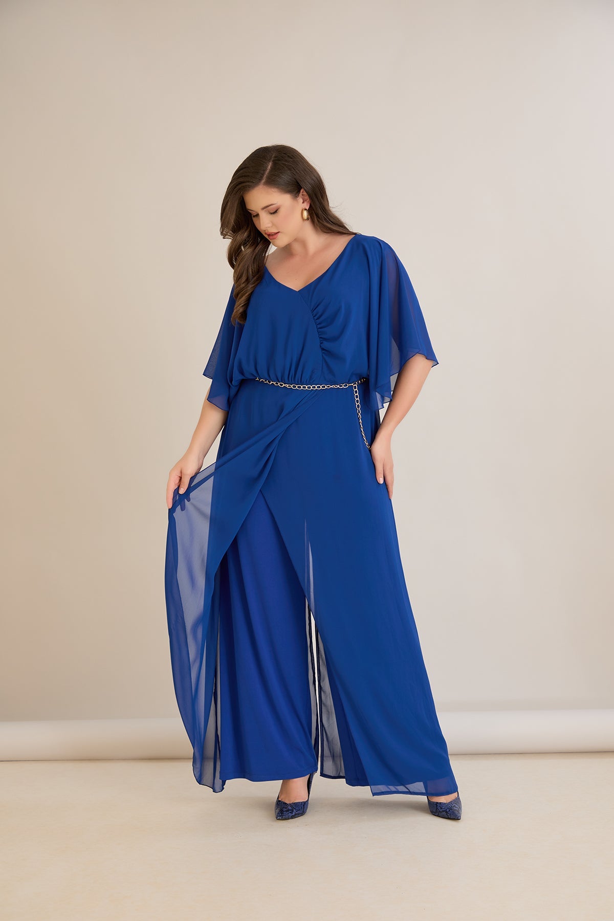 Salopeta marime mare eleganta din sifon cu lant – cobalt